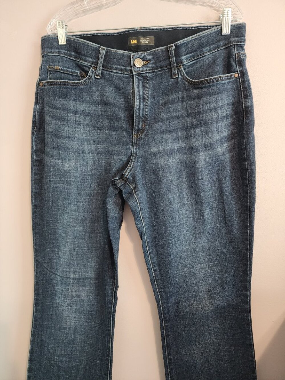 2/$25 Lee Flex Motion Mid Rise Regular Fit Bootcut Dark Wash Jeans Size 16 Long - Picture 2 of 10